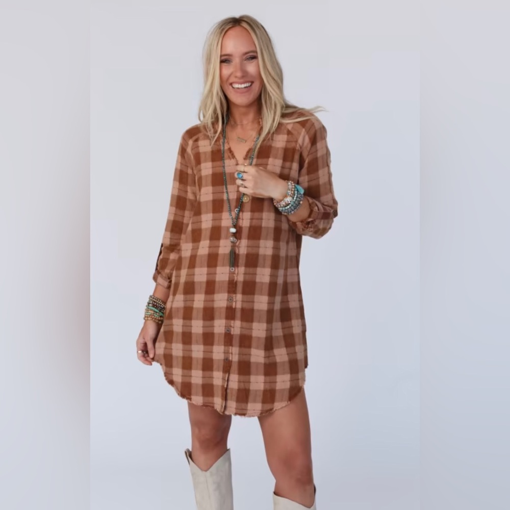 NWT MYSTREE PLAID SHIRT DRESS MOCHA SIZES: S,M,L PRICE IS FIRM
